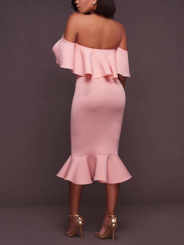 Off  Shoulder Ruffle Bodycon Midi Dresses