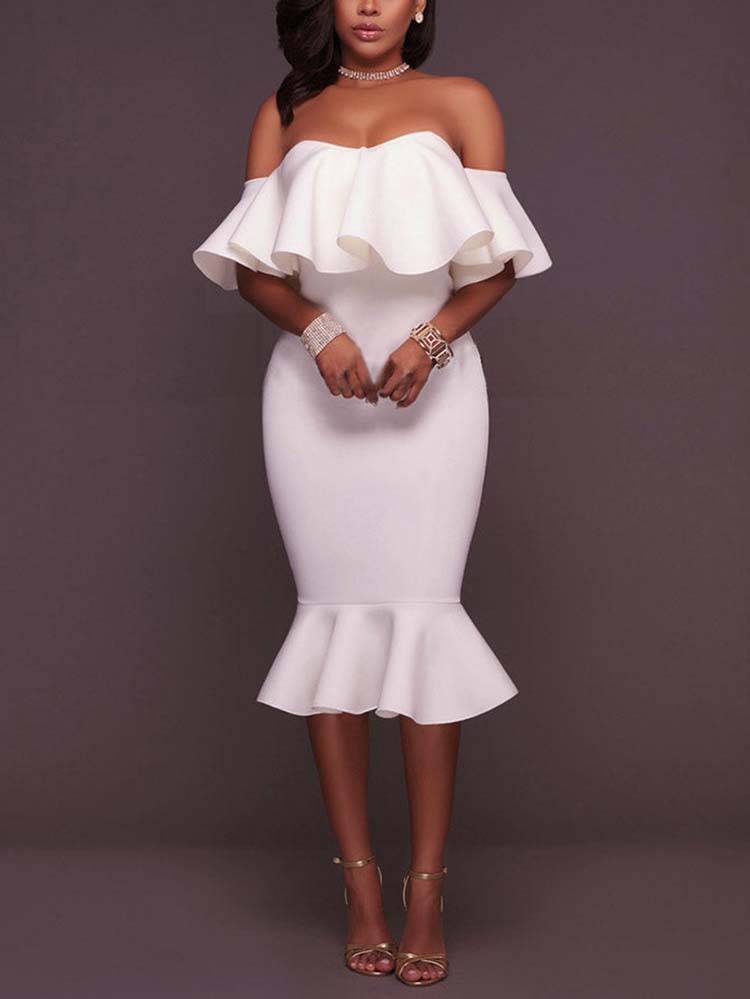 Off  Shoulder Ruffle Bodycon Midi Dresses
