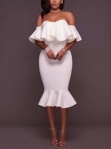 Off  Shoulder Ruffle Bodycon Midi Dresses