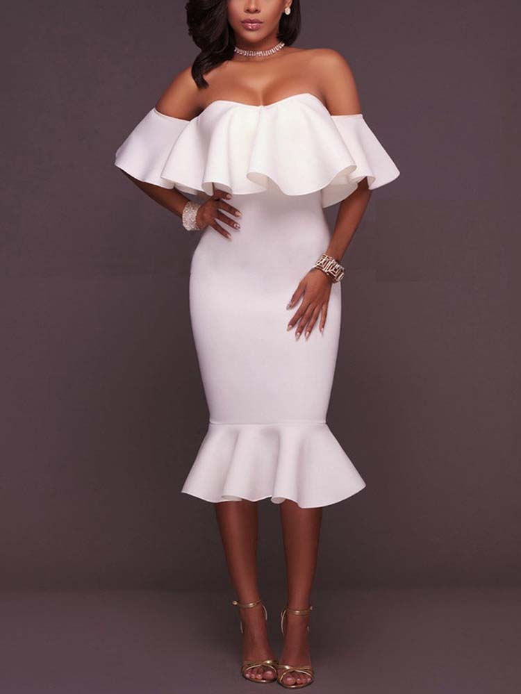 Off  Shoulder Ruffle Bodycon Midi Dresses