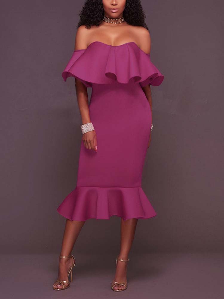 Off  Shoulder Ruffle Bodycon Midi Dresses