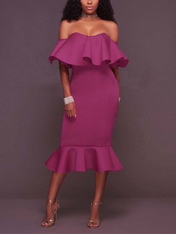 Off  Shoulder Ruffle Bodycon Midi Dresses