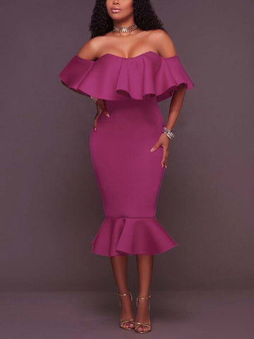 Off  Shoulder Ruffle Bodycon Midi Dresses