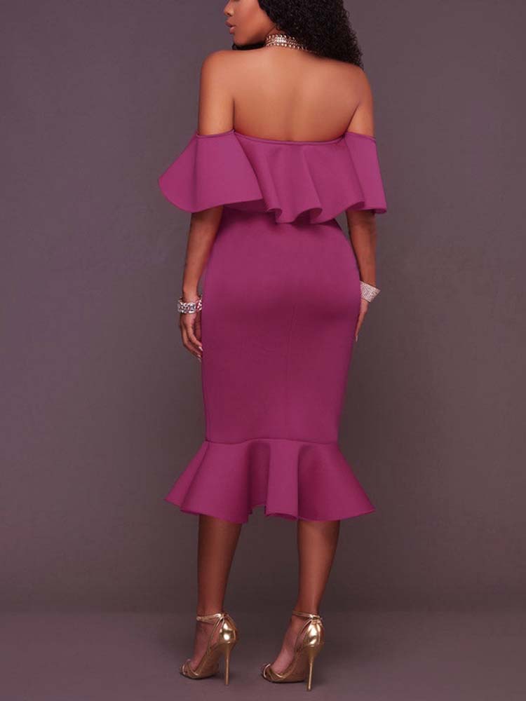 Off  Shoulder Ruffle Bodycon Midi Dresses