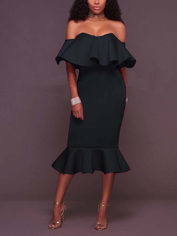 Off  Shoulder Ruffle Bodycon Midi Dresses