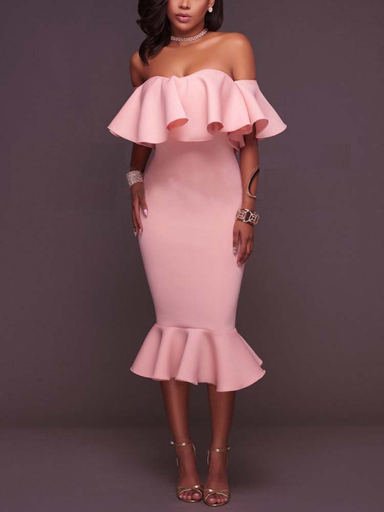 Off  Shoulder Ruffle Bodycon Midi Dresses