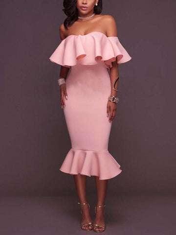 Off  Shoulder Ruffle Bodycon Midi Dresses