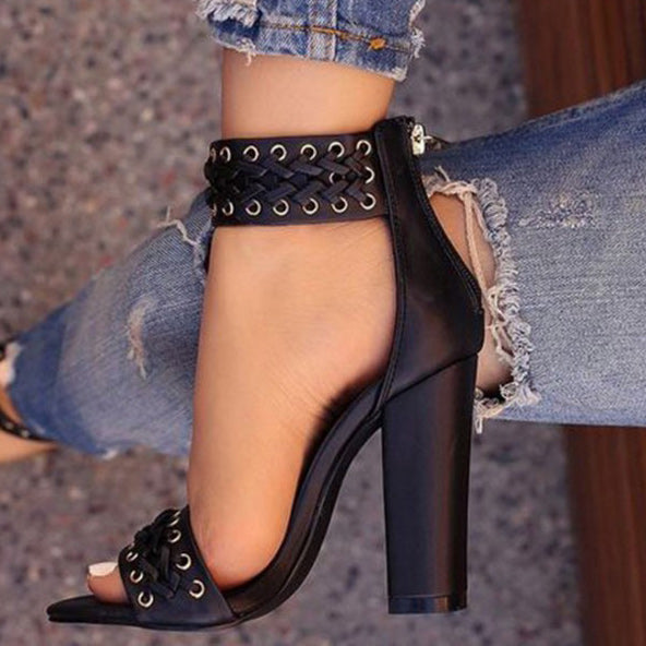 Open-toe Chunky Heel Sandals With Zipper