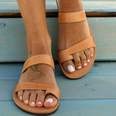 Open-toe Double Band Flats Slippers