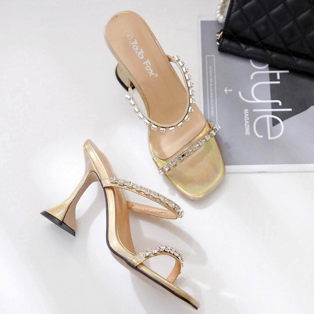 Open Toe High Ankle Strap Sandals With Rhinestone