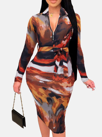 Zipper Print Pencil Midi Dresses