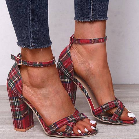 Plaid Ankle Strap Chunky Heel Sandals