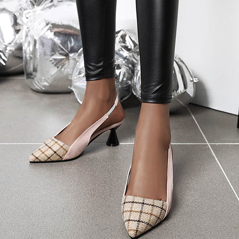 Plaid Patched Low Heel Cap Toe Sandals