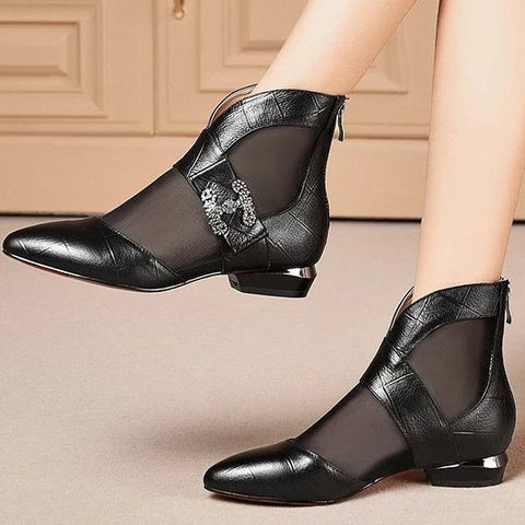 Pointed Mesh Patched Short Boots With Zipper