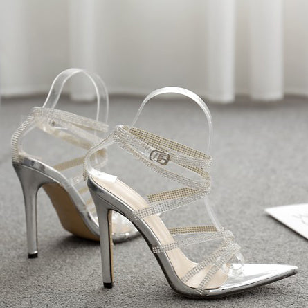 Pointed Toe Gladiator Shoes Rhinestone Stiletto Heel Sandals