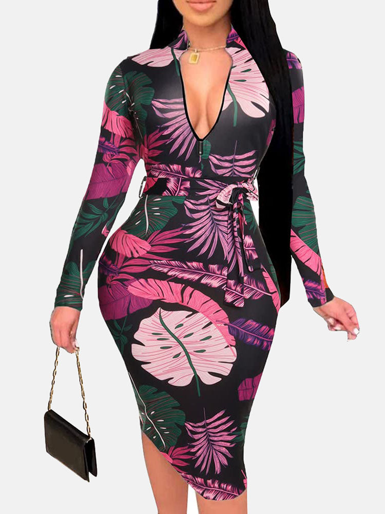 Zipper Print Pencil Midi Dresses