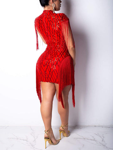 Sequins Tassels Mesh Patchwork Dresses