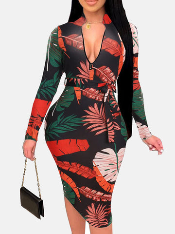 Zipper Print Pencil Midi Dresses