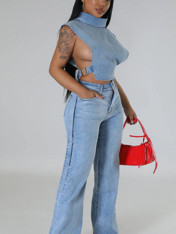 Denim Sleeveless Turtleneck Tops