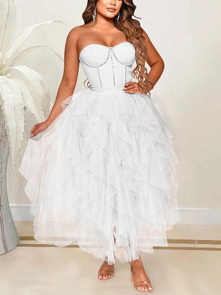 Rhinestone Tube Tulle Prom Midi Dresses