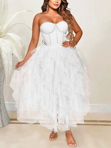 Rhinestone Tube Tulle Prom Midi Dresses