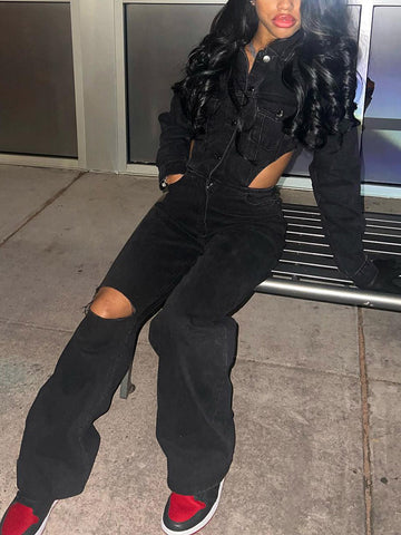 Cutout Waist Denim Jumpsuits