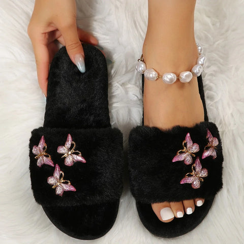 Rhinestone Butterfly Cotton Slippers