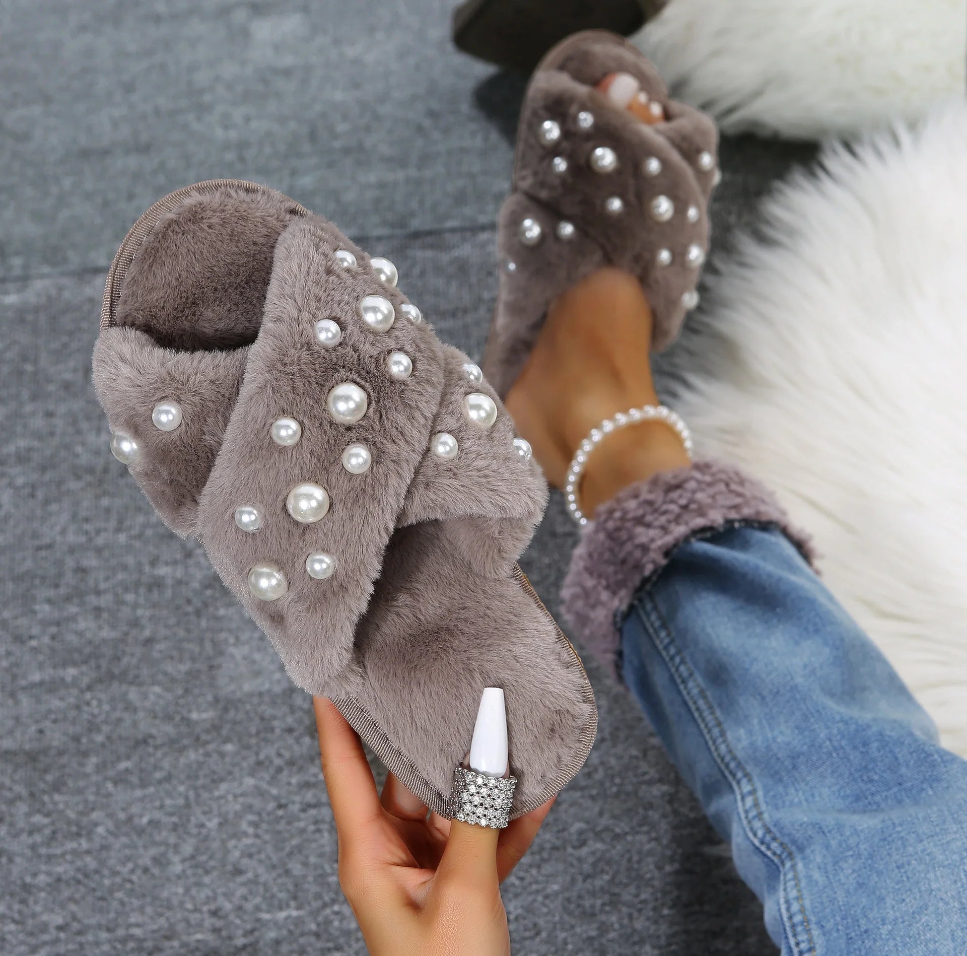 Pearl Crossover Furry Flat Slippers
