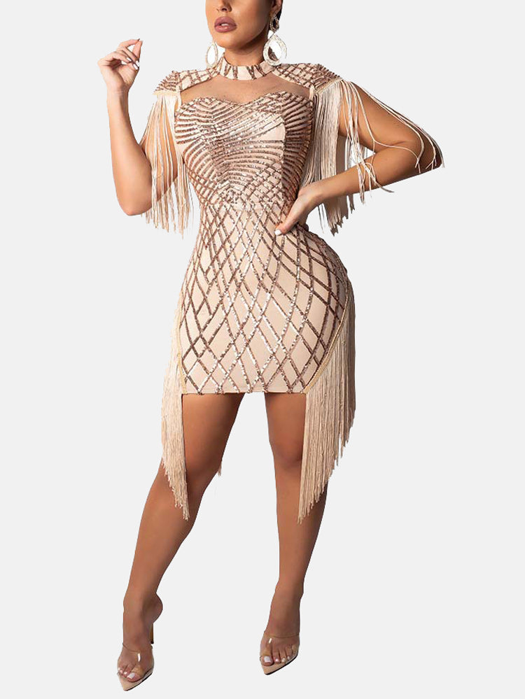 Sequins Tassels Mesh Patchwork Dresses