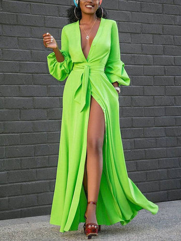 Button Down Slit V Neck Maxi Dresses