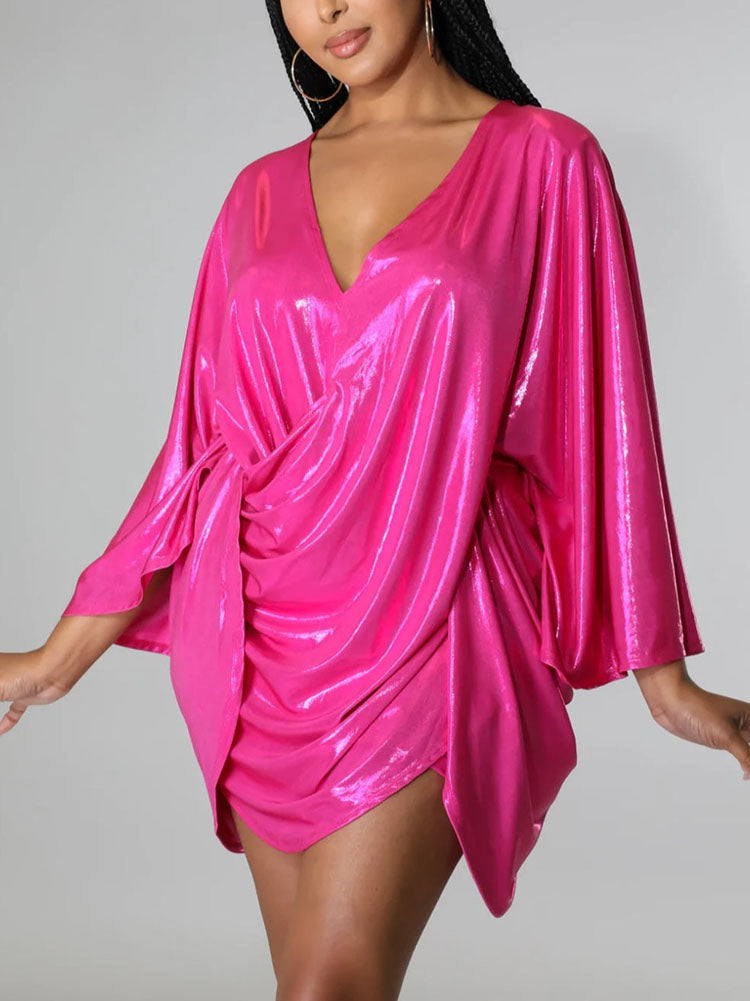 Glitter Batwing Sleeves Backless Mini Dresses
