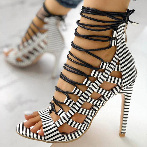 Serpentine Pointed Stiletto High Heel Lace-up Sandals