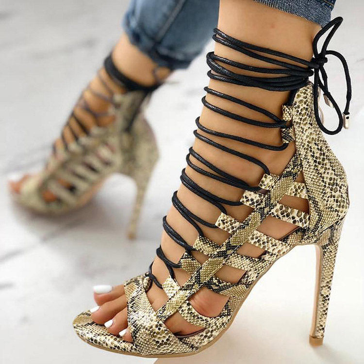 Serpentine Pointed Stiletto High Heel Lace-up Sandals