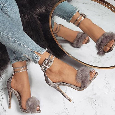 Sexy Serpentine Print Platform Sandals With Fur