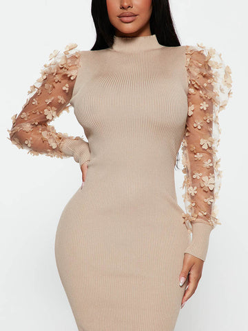 Mesh Puff Sleeve Ribbed Midi Dresses