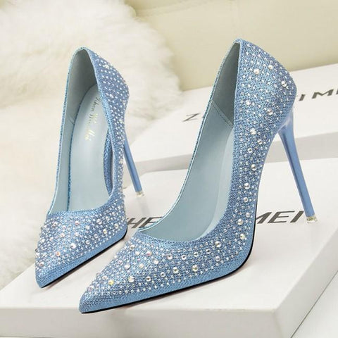 Silver Rhinestone Pointed Toe Stiletto Heels Shoes