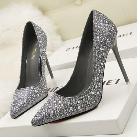 Silver Rhinestone Pointed Toe Stiletto Heels Shoes