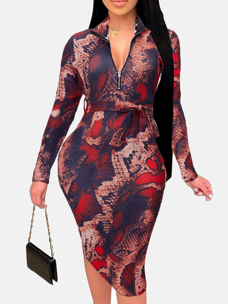 Zipper Print Pencil Midi Dresses