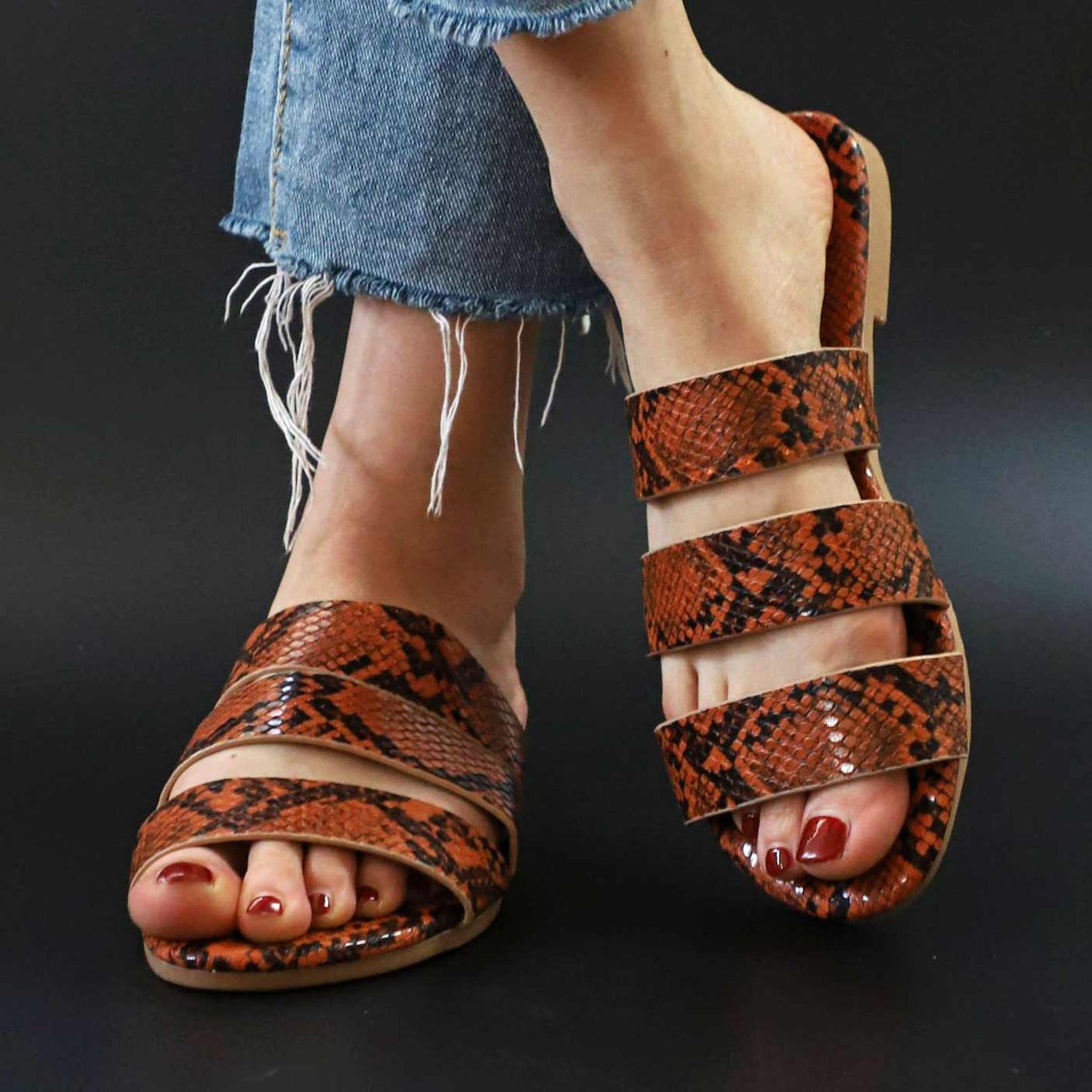 Snakeskin Print Open-toe Flats Sandals