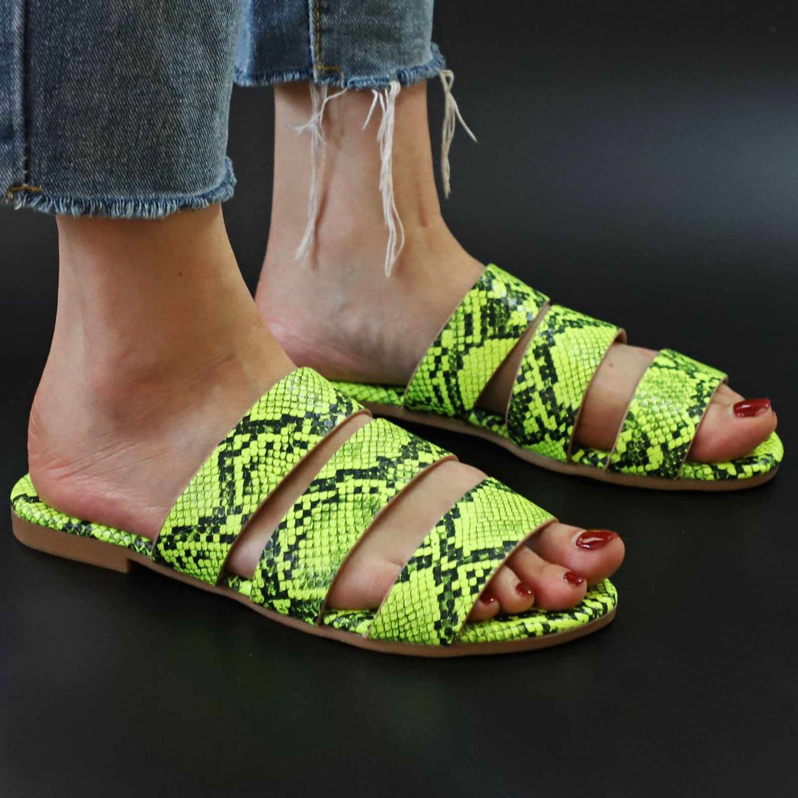 Snakeskin Print Open-toe Flats Sandals