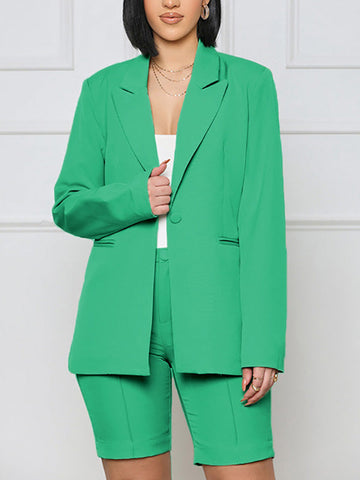 Casual Solid Lapel Collar Blazer Shorts Set