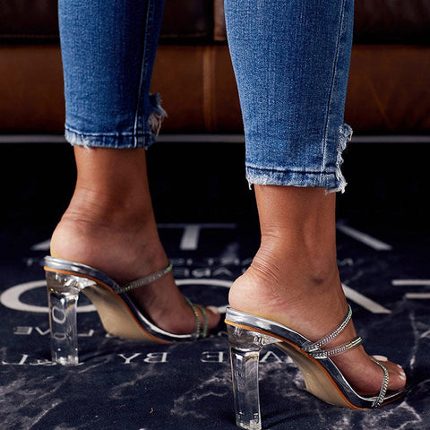 Sparkly High Heel Slide Sandals With Rhinestone