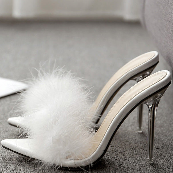 Stiletto High Heel Pointed Slide Sandals With Fur