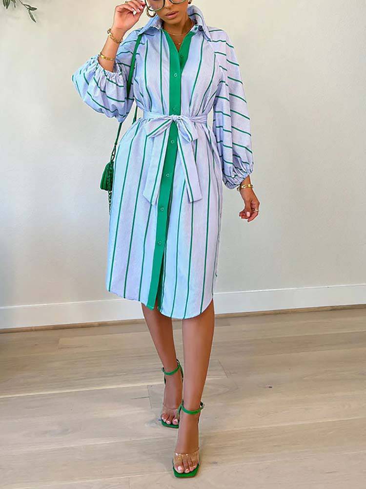 Striped Print Shirt Belted Dresses