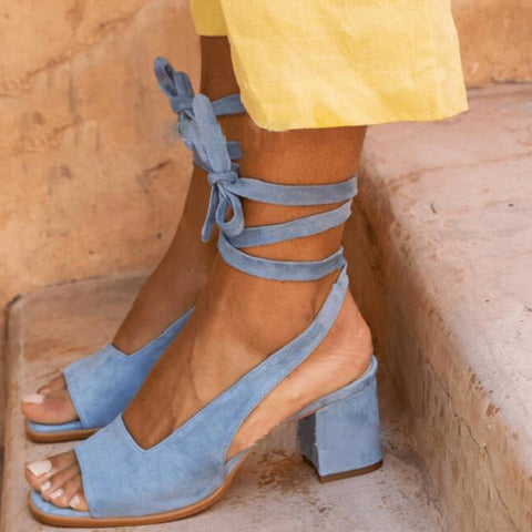 Suede Chunky Heel Strapped Peep Toe Sandals