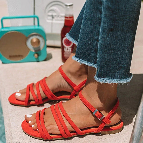 Suede Open Toe Flats Ankle Strap Sandals