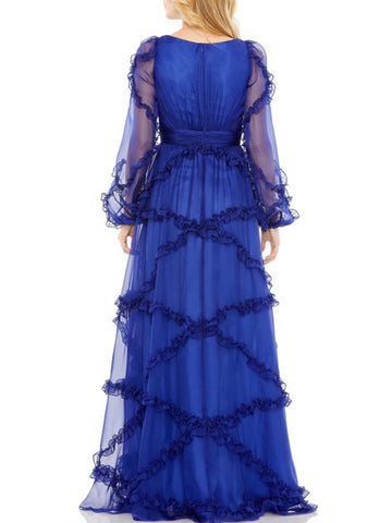 Cascading Ruffle Puff Sleeve A-Line Maxi Dress