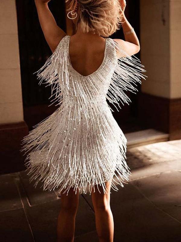 V-Neck Sleeveless Fringed Mini Dresses