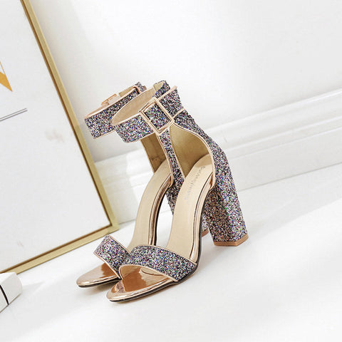 Sparkly Ankle Straps Glitter Chunky Heels Sandals
