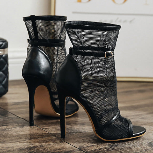 Black Peep-toe Mesh Stiletto Heels Boots Prom Shoes